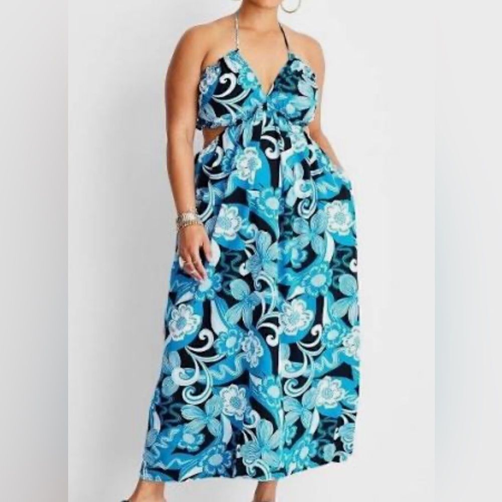 Floral Halter Cut Out Midi Maxi Dress in Aqua Blue POCKETS